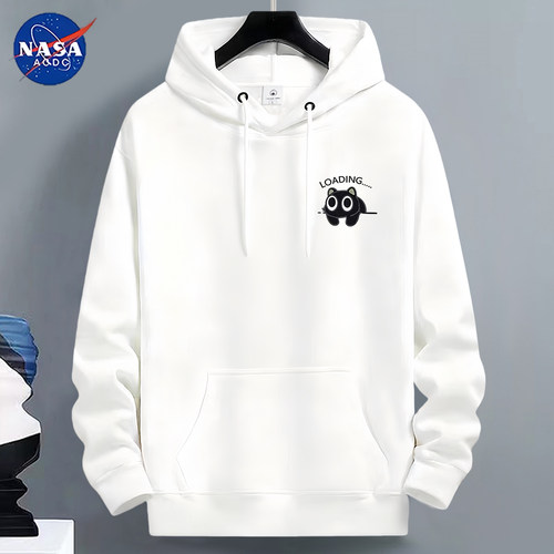 NASA联名连帽卫衣男加绒加厚白色宽松百搭青少年男款保暖潮流外套
