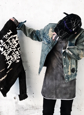 【清仓】CATSSTAC高街印花破洞做旧牛仔夹克男潮牌春秋工装外套
