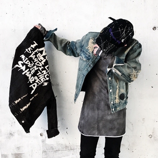 【清仓】CATSSTAC高街印花破洞做旧牛仔夹克男潮牌春秋工装外套