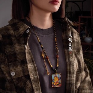 新款手工编织天珠复古藏式唐卡吊坠项链绳扎基拉姆绳藏风式挂脖款