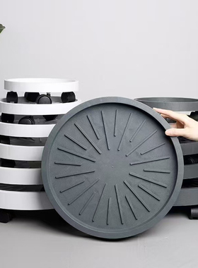 加厚钢化轮拖花盆托盘可移动圆形底托花卉盆托盘带轮子白色灰色