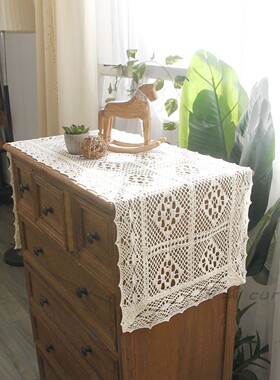 米色棉麻美式桌旗斗柜盖布长条钩针布艺餐桌布蕾丝电视边柜茶几布