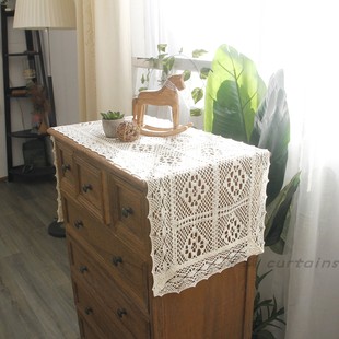 米色棉麻美式桌旗斗柜盖布长条钩针布艺餐桌布蕾丝电视边柜茶几布
