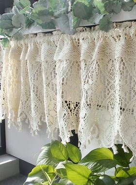 美式乡村钩针棉麻半帘幔头流苏门帘咖啡帘橱柜帘厨房小窗帘免打孔