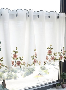 花蔓半帘短帘刺绣咖啡帘成品厨房小窗帘纱橱柜帘隔断帘门帘免打孔