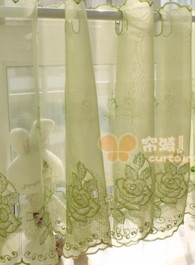 绿色玫瑰镂空咖啡帘半帘成品厨房小短帘穿杆隔断帘橱柜帘门帘窗纱