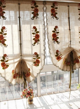 魔术贴成品窗帘棉麻免打孔飘窗升降罗马帘美式遮光客厅隔断窗帘纱