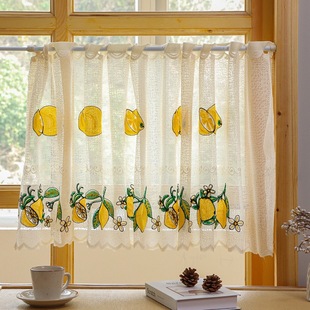 柠檬刺绣咖啡帘美式飘窗短窗帘免打孔简约风窗纱透光防尘厨房半帘