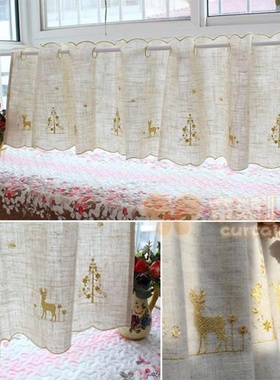 卡通小麋鹿咖啡帘 刺绣布艺半帘小短帘厨房儿童房穿杆帘 橱帘柜帘