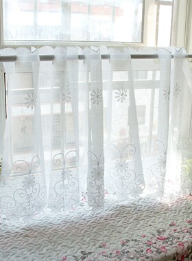 清丽唯美韩式刺绣短帘门帘橱柜防尘免打孔半帘厨房小窗帘纱隔断帘