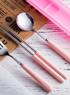 马卡龙彩色陶瓷不锈钢勺子筷子叉子学生旅游便携式餐具三件套装