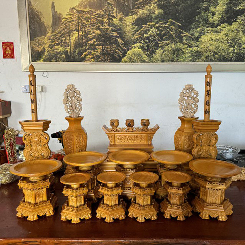 精雕宴王套细精木雕工艺川头组合精品祭祀供奉五供花瓶烛台敬茶台