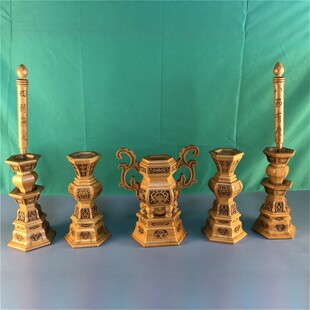 小五供轿前使用实木雕刻香炉花瓶烛台五件套庙会5供上香拜拜工艺