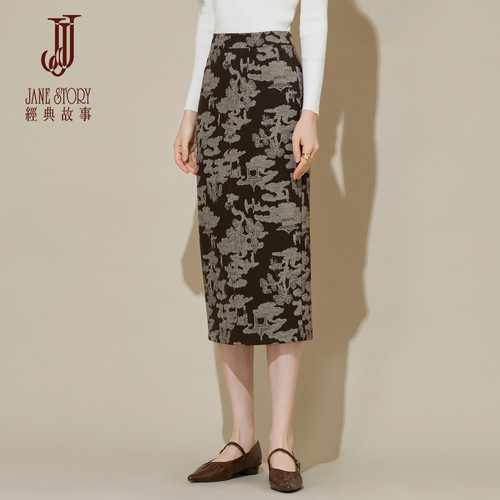 黑色国风印花半身裙女