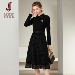 法式收腰衬衫连衣裙女春秋2026新款中长款气质黑色职业提花长裙