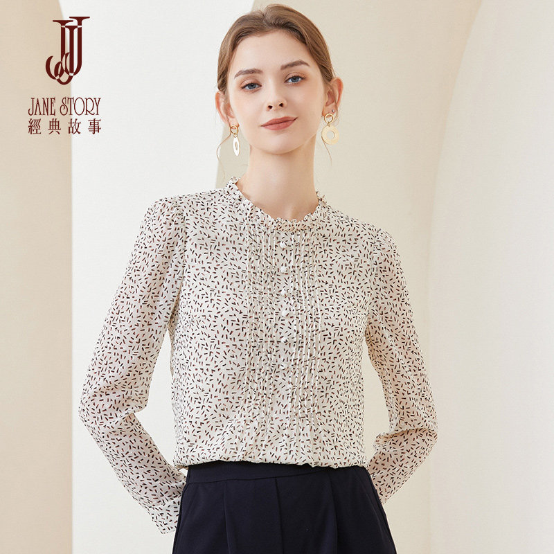 经典故事黑色圆领衬衫女春装2022年新款通勤雪纺褶皱印花修身上衣