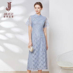 别致短袖 经典 气质修身 故事立领改良旗袍女夏季 蕾丝连衣裙 2025新款