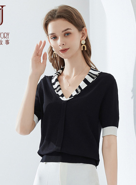 经典故事慵懒风黑色针织衫女夏季2026新款短袖薄款设计感针织上衣