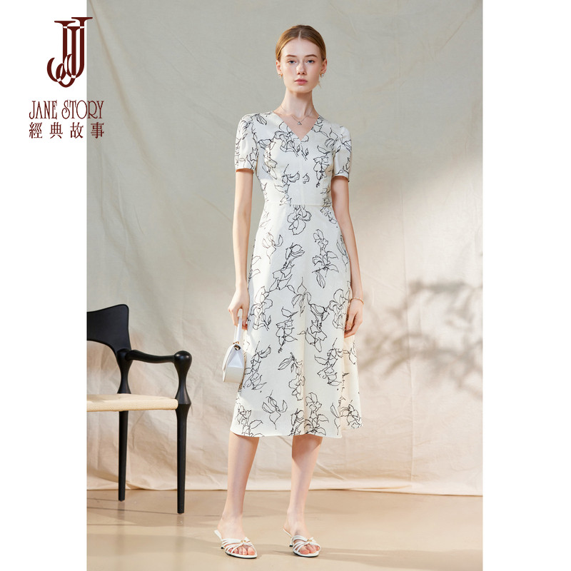 收腰印花连衣裙女白色缎面裙子