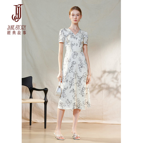 收腰印花连衣裙女白色缎面裙子