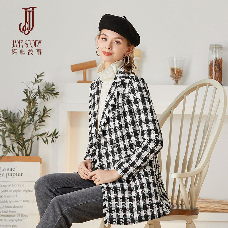 经典故事中长款毛呢大衣女秋冬2025新款通勤加厚黑白格子西装外套