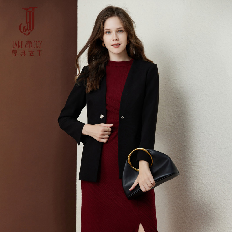 黑色无领西装外套女2026春秋新款高级感职场穿搭西服廓形宽松大衣