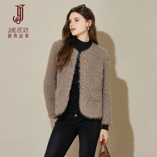 黑色高级感圆领环保皮草外套女2025秋冬新款 显瘦时髦加厚毛毛大衣