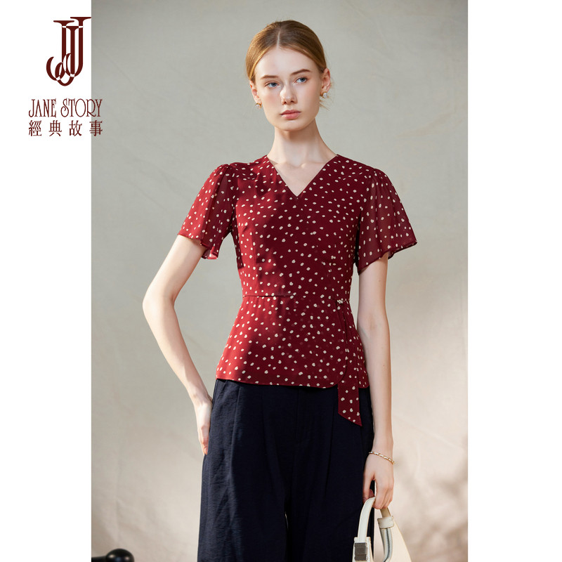 经典故事复古气质红色波点雪纺衫上衣女2026新款夏季V领收腰衬衫