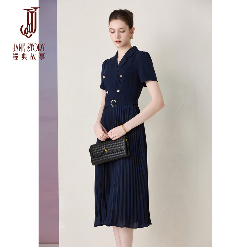 经典故事通勤显瘦西装连衣裙女夏季2026新款收腰拼接雪纺百褶裙