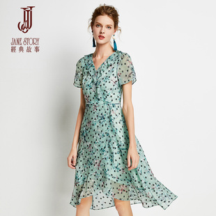 经典故事夏季印花v领女装气质显瘦a字流行雪纺连衣裙子