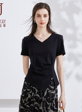 黑色V领纯棉T恤女2026年夏季新款百搭修身正肩短袖设计感收褶上衣