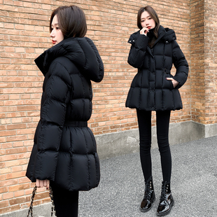 2025新款女装冬季修身收腰中长款羽绒服女黑色连帽白鸭绒外套加厚