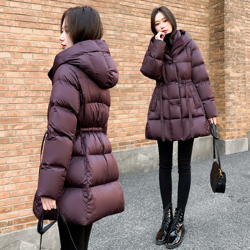 2025年冬季新款女装中长款羽绒服女连帽针织拼接收腰显瘦保暖外套