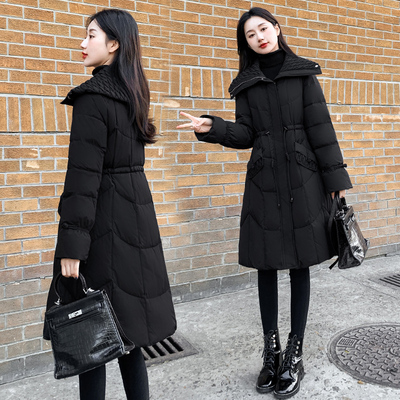 韩版中长款大翻领收腰羽绒服