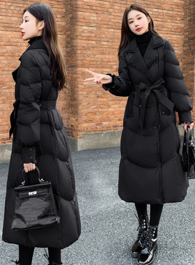 2025新款女装冬季修身收腰长款羽绒服女黑色长过膝外套西装领系带
