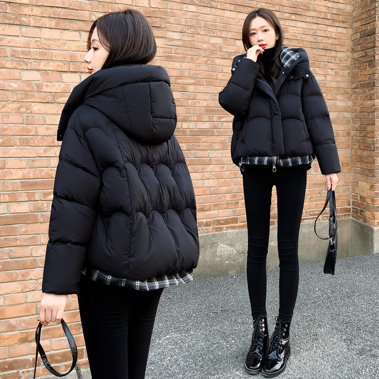 2025冬新款女装短款羽绒服女格子拼接加厚保暖连帽白鸭绒宽松外套,女装/女士精品,羽绒服,淘宝优惠券,粉丝福利购,淘宝优惠卷