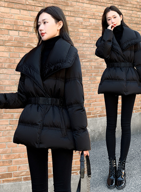 2025新款女装冬季修身收腰短款羽绒服女小个子黑色大翻领鸭绒外套