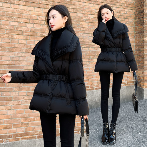 2025新款女装冬季修身收腰短款羽绒服女小个子黑色大翻领鸭绒外套