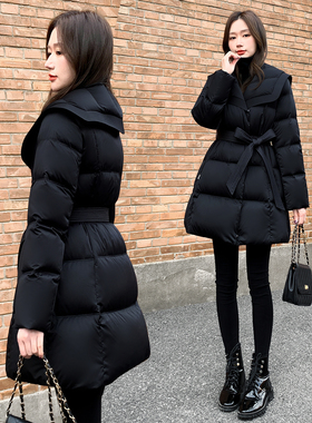 2025年新款女装冬季收腰中长款羽绒服女黑色海军领白鸭绒保暖外套
