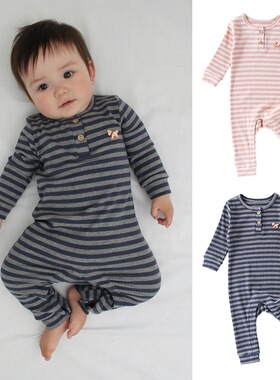 ins新款婴儿连体衣条纹爬服宝宝春秋贴身内衣可爱外出服bb套头衫