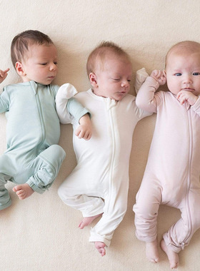 外贸包手包脚婴儿衣服竹纤维夏季纯色新生儿宝宝防抓脸睡衣双拉链