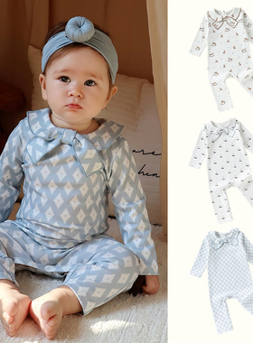 ins风婴儿可爱连体衣2026新款春季宝宝蝴蝶结翻领哈衣爬服纯棉a类