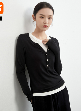 智性真两件针织衫女2025新款秋冬季含羊毛撞色拼接打底衫灰色上衣