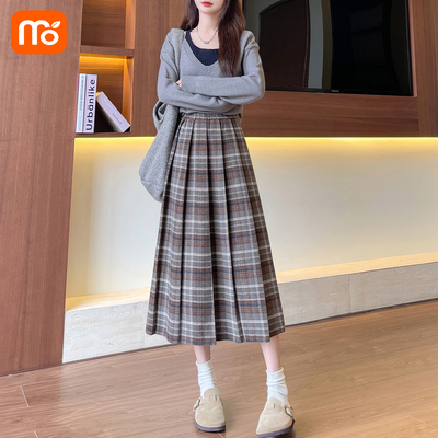 毛呢格子半身裙2025新款百褶裙