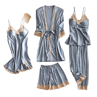 冰丝睡衣女夏款2026新款仿真丝绸睡袍五件套性感带胸垫睡裙春秋款