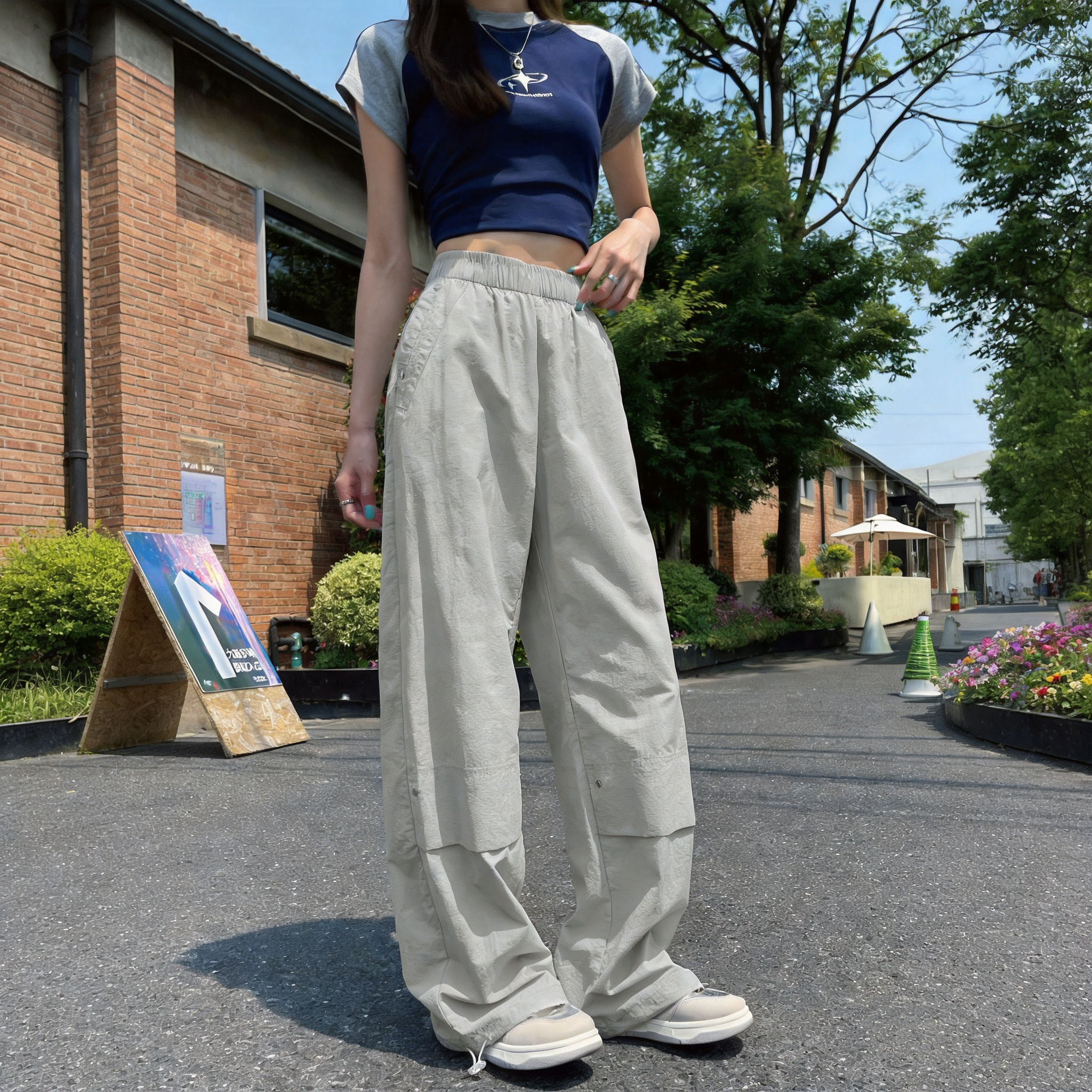 铆钉工装裤子女夏季薄款2026新宽松直筒垂坠感休闲运动冰丝阔腿裤