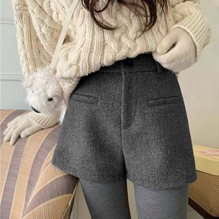 通勤加厚休闲阔腿靴裤 韩版 宽松a字修身 子女秋冬2025新款 毛呢短裤