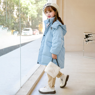 (断码清仓)女童冬季中长款纯色羽绒服儿童白鸭绒拉链休闲白色外套