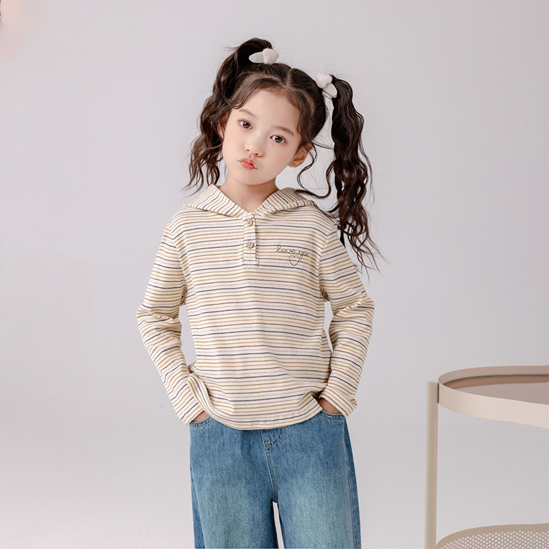 哈依鲁春秋季新款女童纯棉长袖T恤儿童中大童连帽条纹打底衫,童装/婴儿装/亲子装,T恤,淘宝优惠券,粉丝福利购,淘宝优惠卷