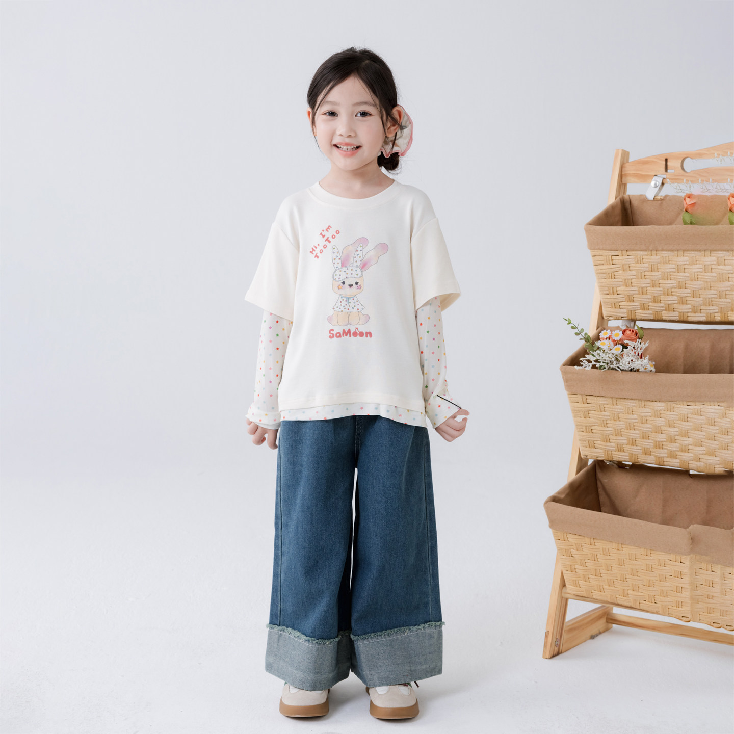 哈依鲁2026春秋季新款女童纯棉长袖T恤儿童中大童假两件时尚上衣